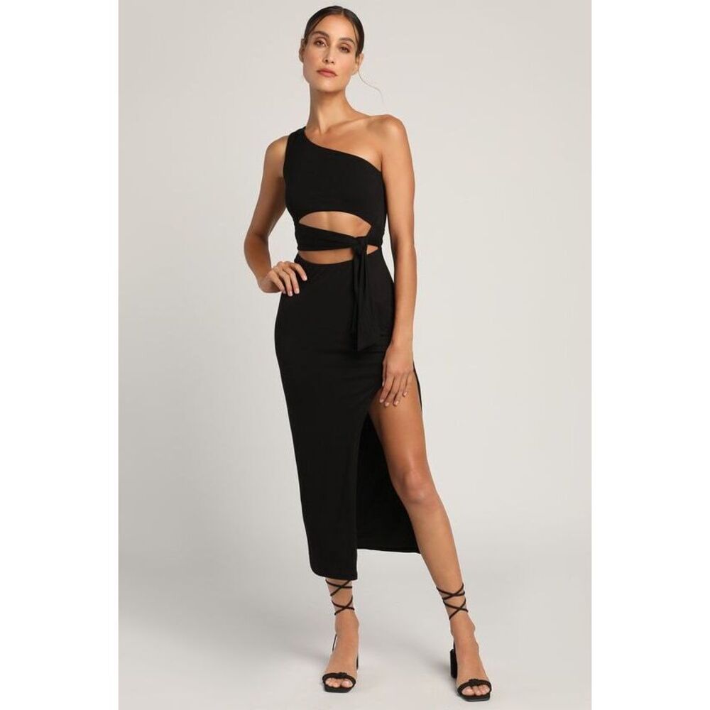 Lulus Magnetic Mystique Black One-shoulder Side-tie Cutout Midi Dress